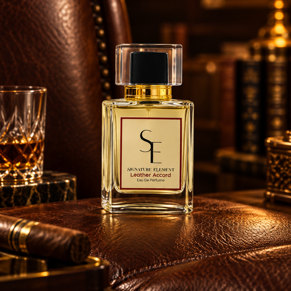 A bottle of Signature Element Leather Accord Eau de Parfum stands on a brown leather surface in a warm, upscale interior setting with a leather chair, books, a glass of amber liquid, and a cigar visible in the background.
