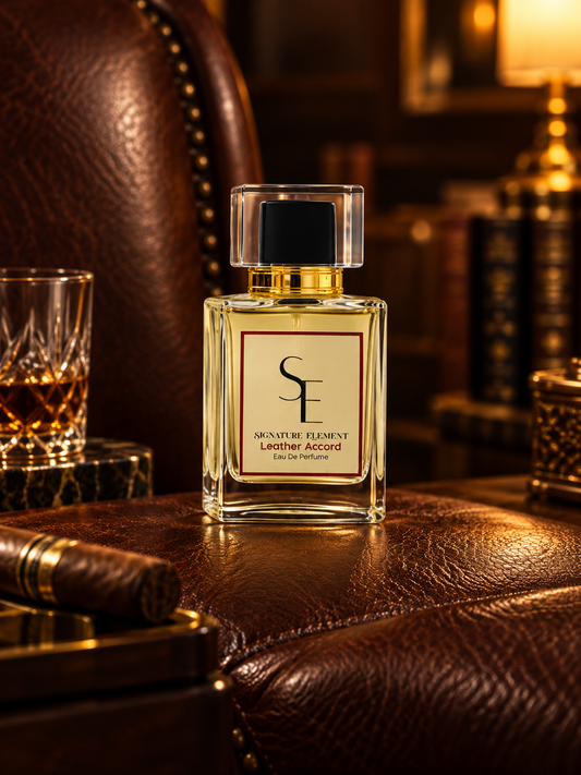 A bottle of Signature Element Leather Accord Eau de Parfum stands on a brown leather surface in a warm, upscale interior setting with a leather chair, books, a glass of amber liquid, and a cigar visible in the background.